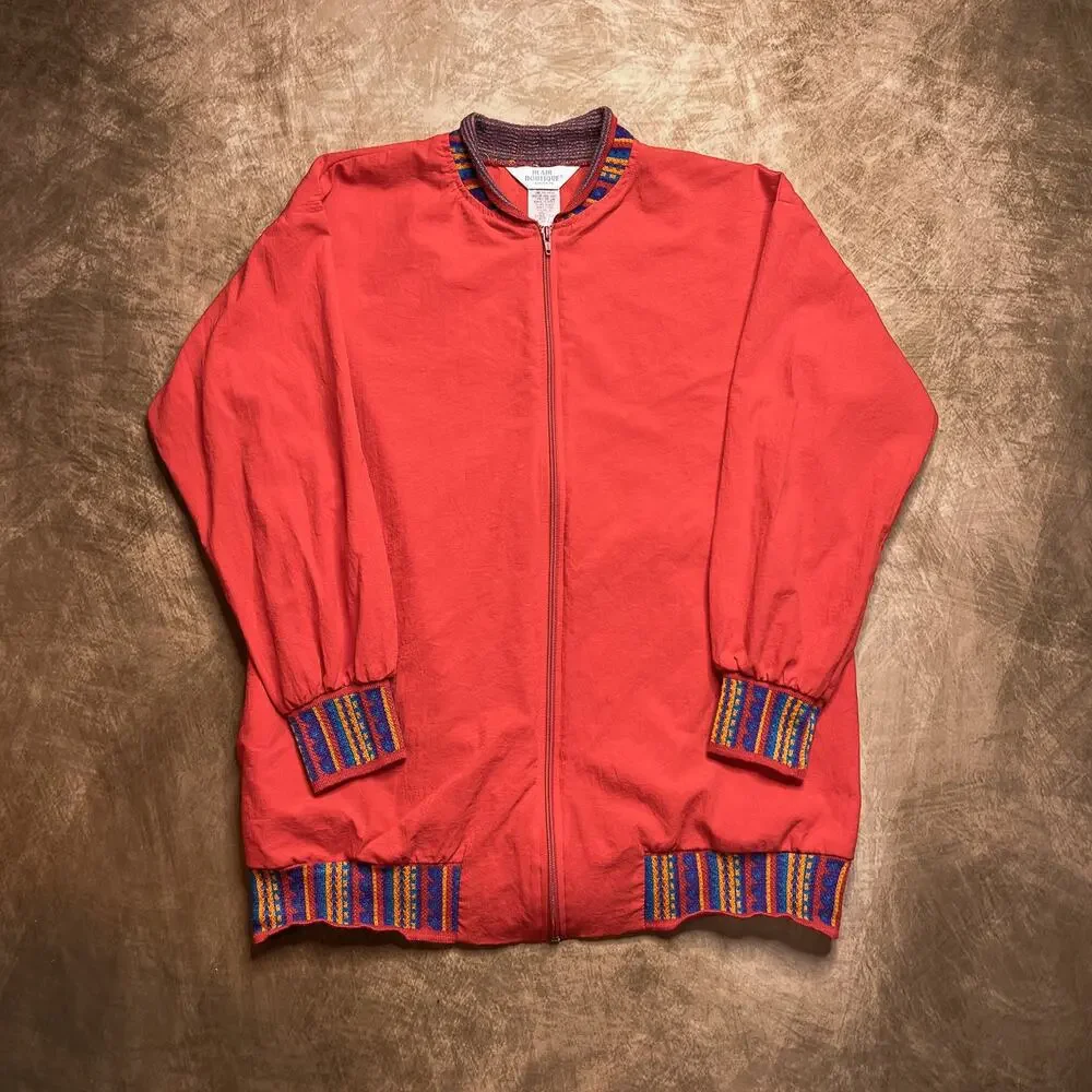 Blair Vintage 90s Windbreaker Jacket Southwestern Knit Trim Red Women's L Boho